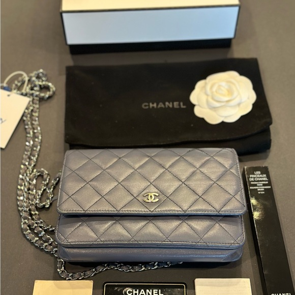 CHANEL iridescent blue wallet on chain silver hardware flap bag - Picture 2 of 15